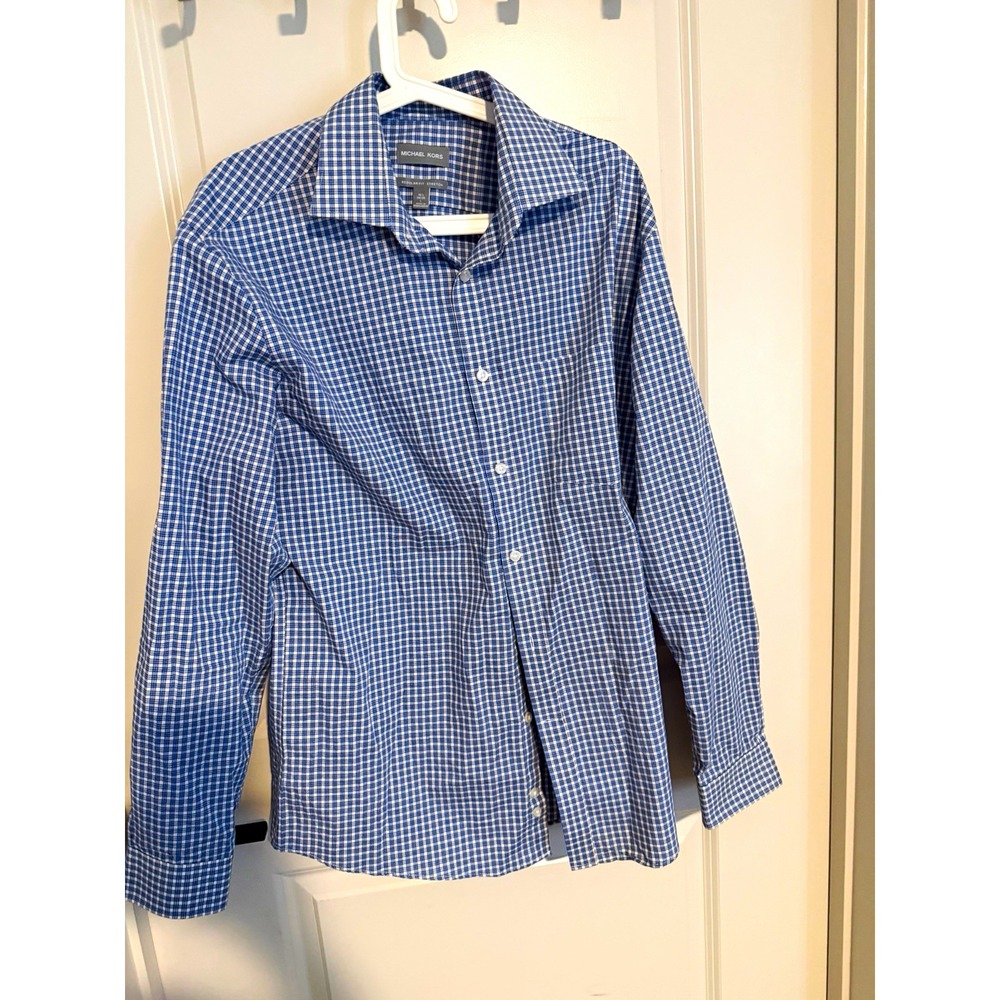 Michael Kors Regular Fit Stretch Blue/White Check Dress Shirt 16.5 34/35